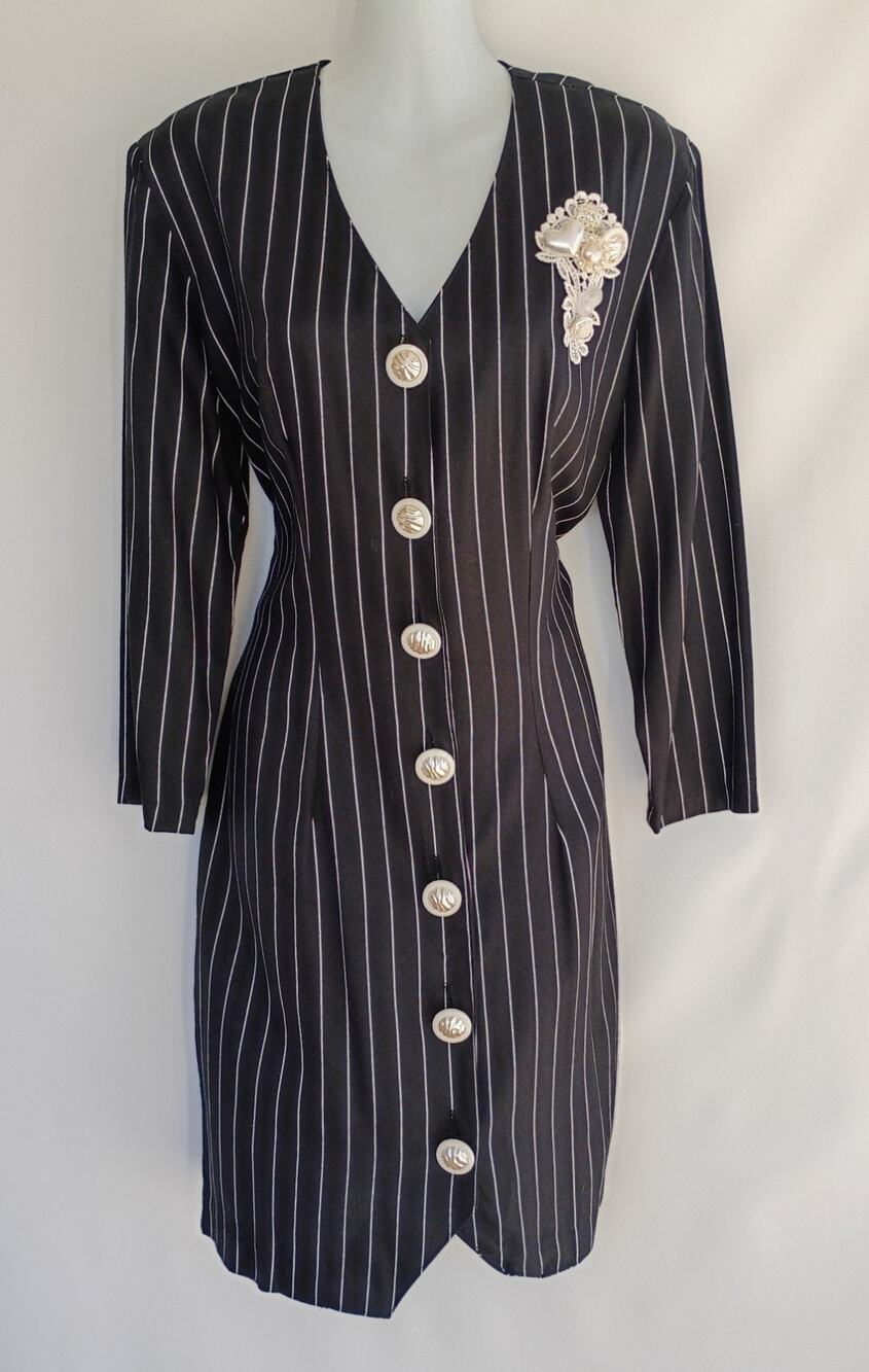 Vtg 80s 90s Young Edwardian Black Pinstriped Button Front Sheath Dress Medium